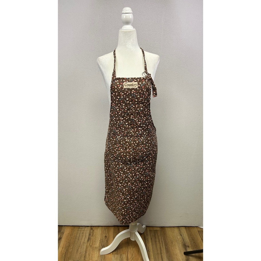 Cottagecore Country Women OS Brown Floral Quilted Bib Apron Front Pocket 7681
